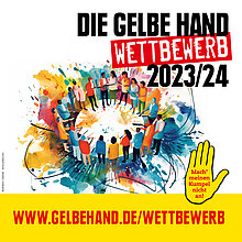 Wettbewerb „Die Gelbe Hand“. Grafik: Mach' meinen Kumpel nicht an! – für Gleichbehandlung, gegen Rassismus e.V.